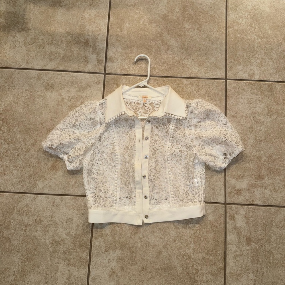 Peach Elegant Vintage OG White Flower Lace Button Down See Through Polo Shirt